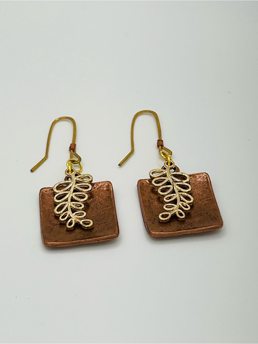 Mixed Metal Copper & Gold Leaf Dangle Earrings - Picture 2 of 4